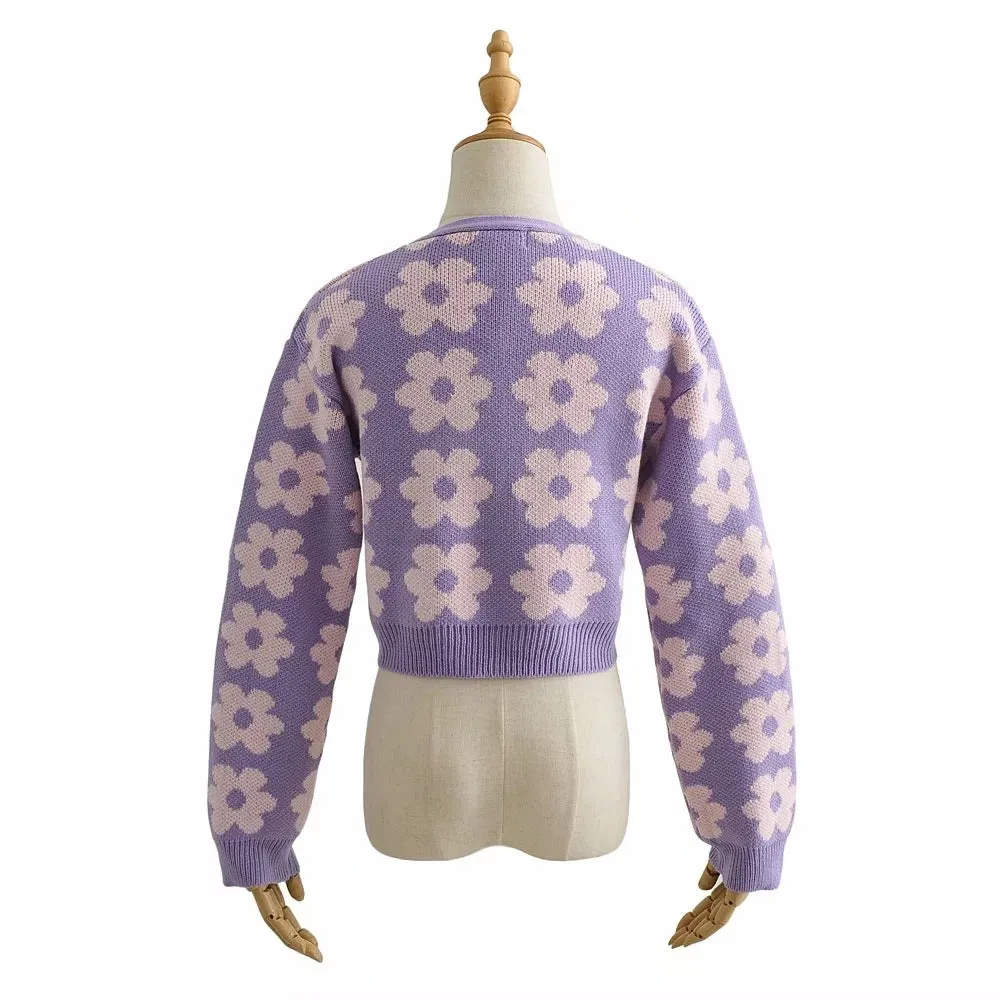 christmas outfit Sonicelife Pointelle Knit Floral Crop Cardigan