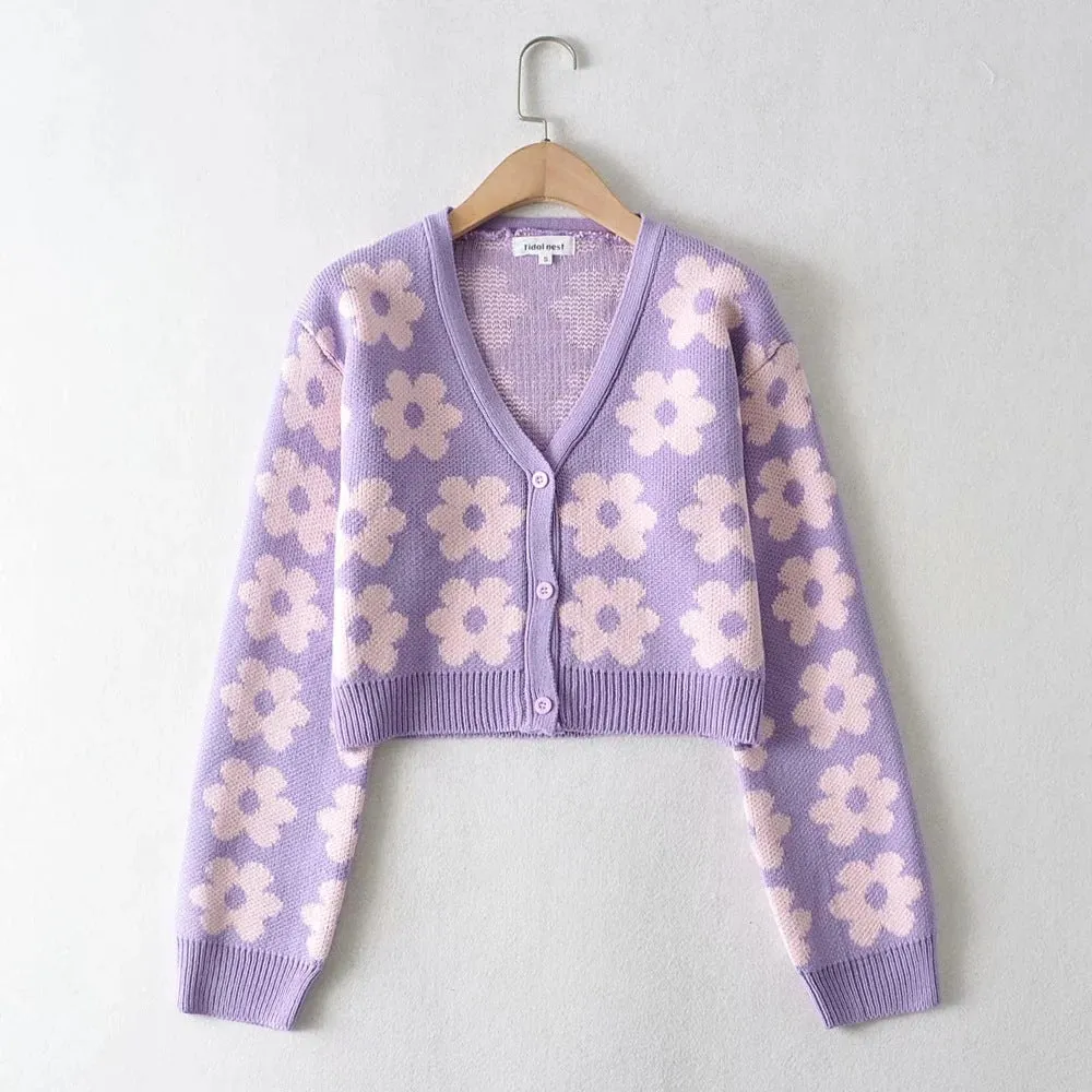 christmas outfit Sonicelife Pointelle Knit Floral Crop Cardigan