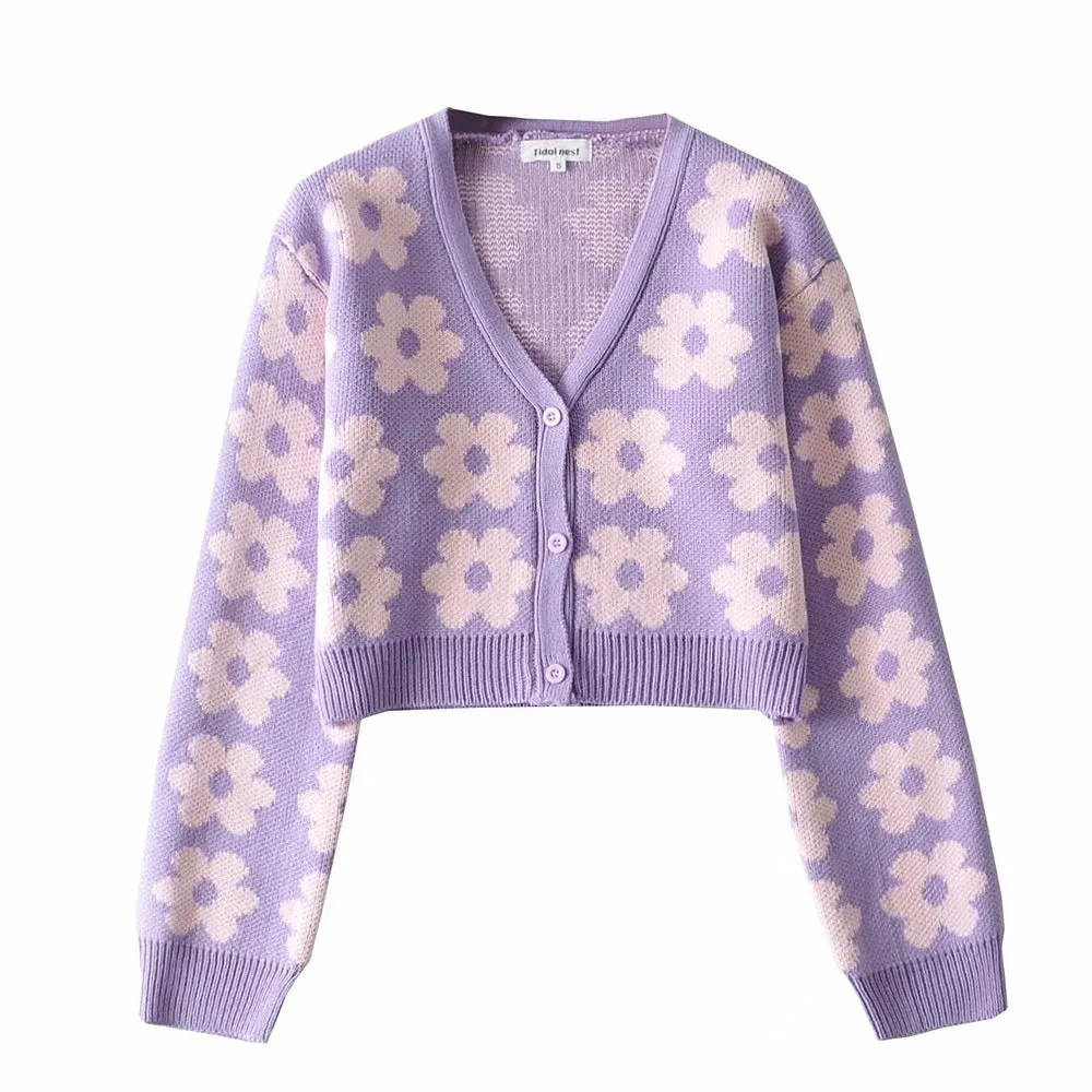 christmas outfit Sonicelife Pointelle Knit Floral Crop Cardigan