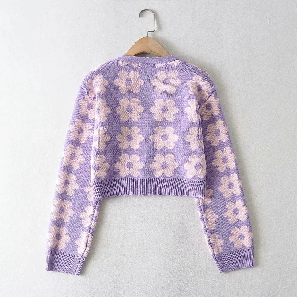 christmas outfit Sonicelife Pointelle Knit Floral Crop Cardigan
