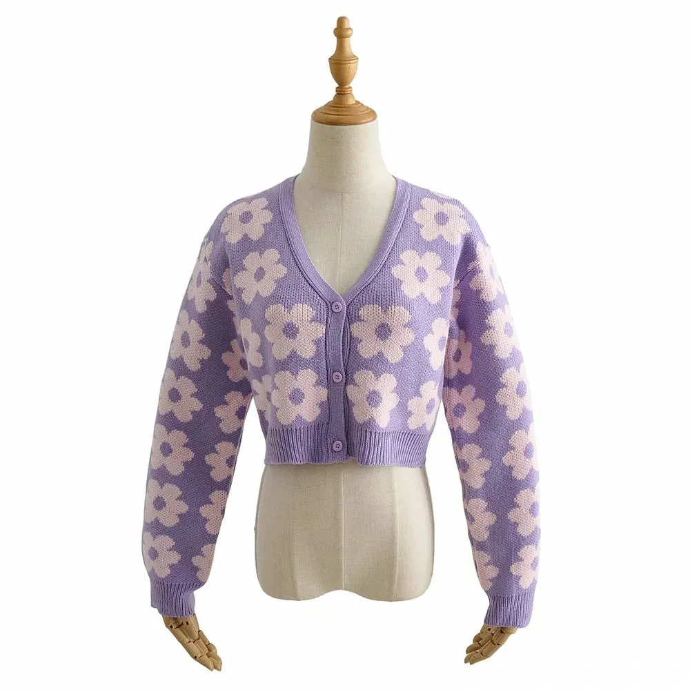 christmas outfit Sonicelife Pointelle Knit Floral Crop Cardigan
