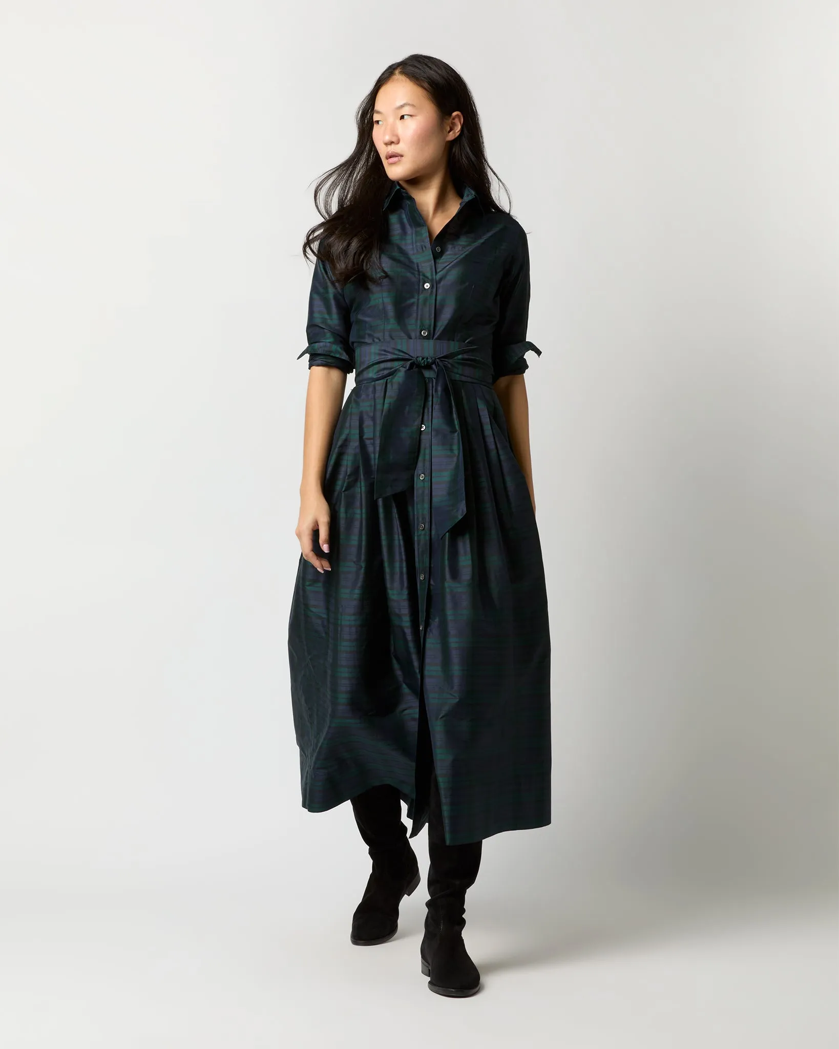 Classic Shirtwaist Maxi Dress in Blackwatch Silk Shantung