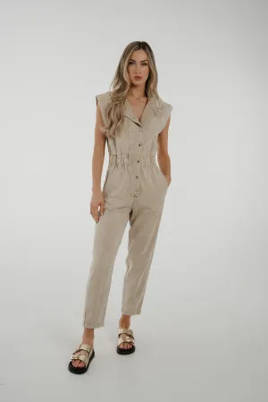 Cora Sleeveless Denim Jumpsuit In Beige