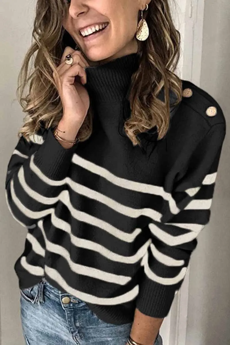 Dunnmall Fashion Button Design Striped Sweater