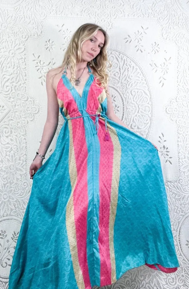 Eden Halter Maxi Dress - Vintage Sari - Aquamarine Paisley Waves - Free Size M/L