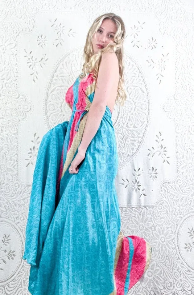 Eden Halter Maxi Dress - Vintage Sari - Aquamarine Paisley Waves - Free Size M/L