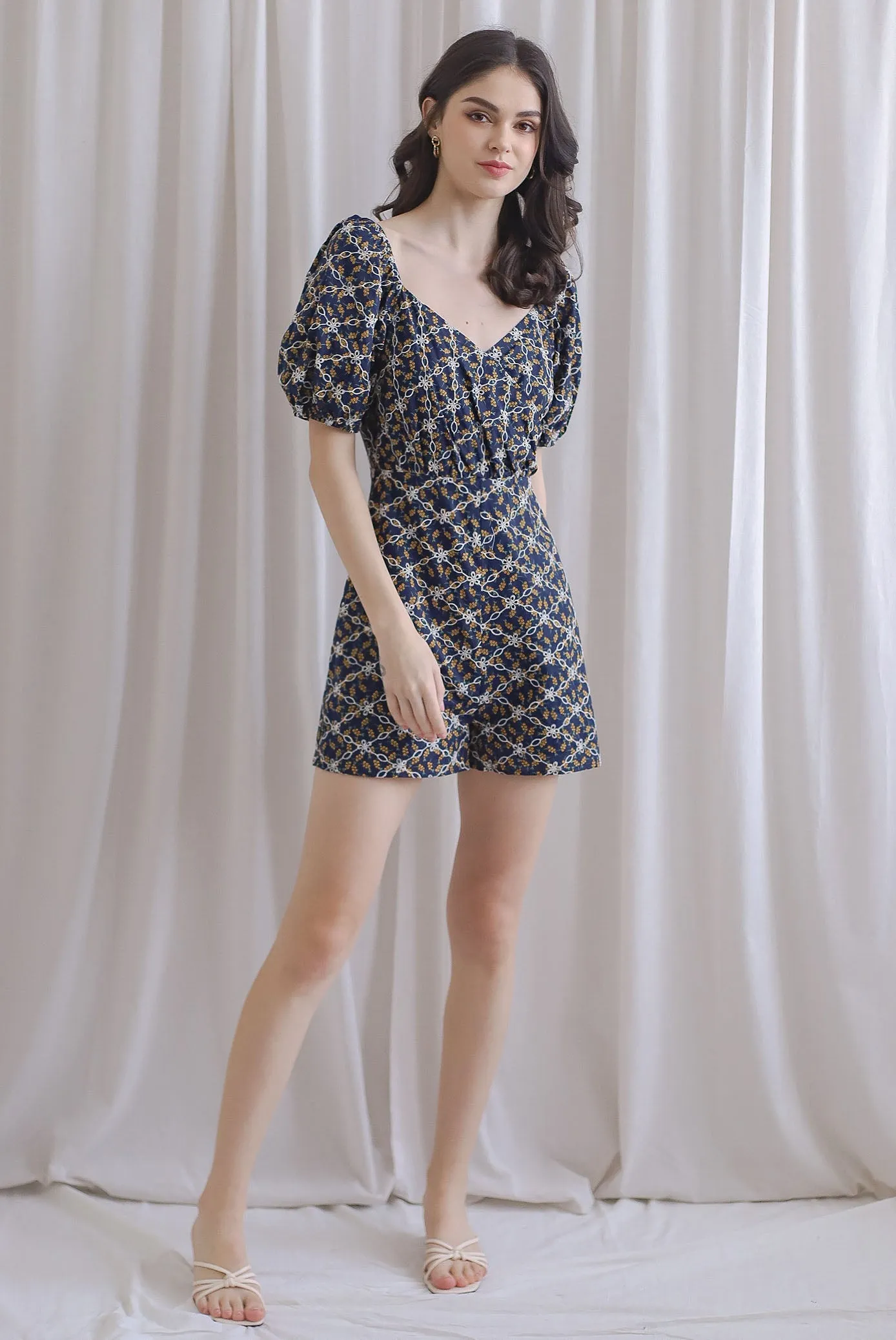 Evernie Floral Embroidery Overlap Romper In Navy/Yellow