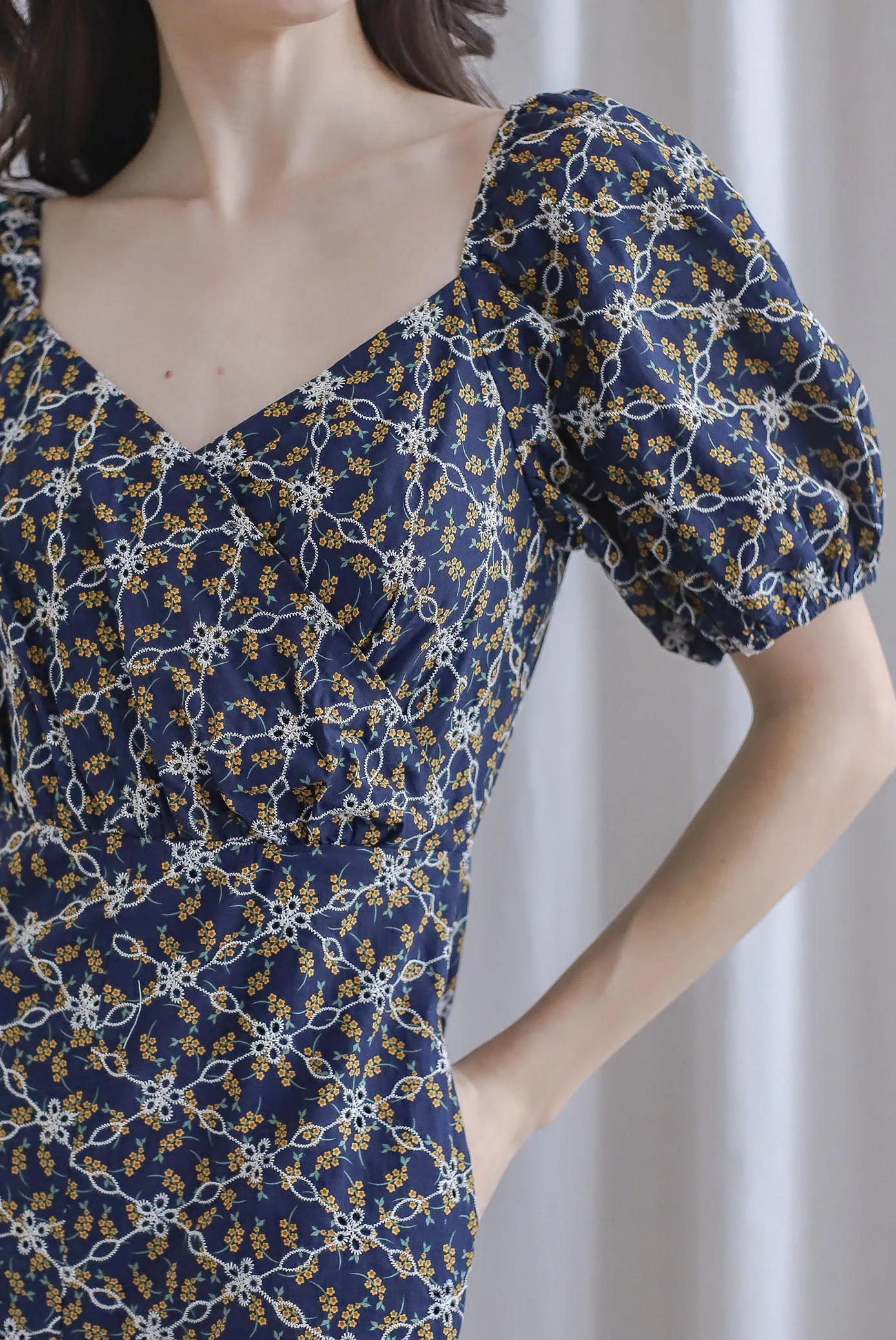 Evernie Floral Embroidery Overlap Romper In Navy/Yellow