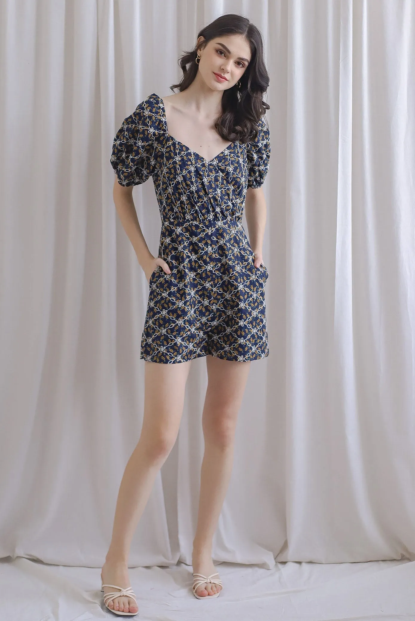 Evernie Floral Embroidery Overlap Romper In Navy/Yellow