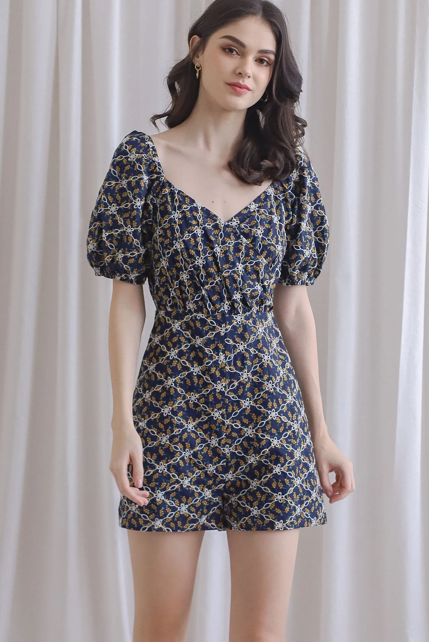 Evernie Floral Embroidery Overlap Romper In Navy/Yellow