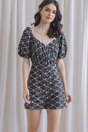 Evernie Floral Embroidery Overlap Romper In Navy/Yellow