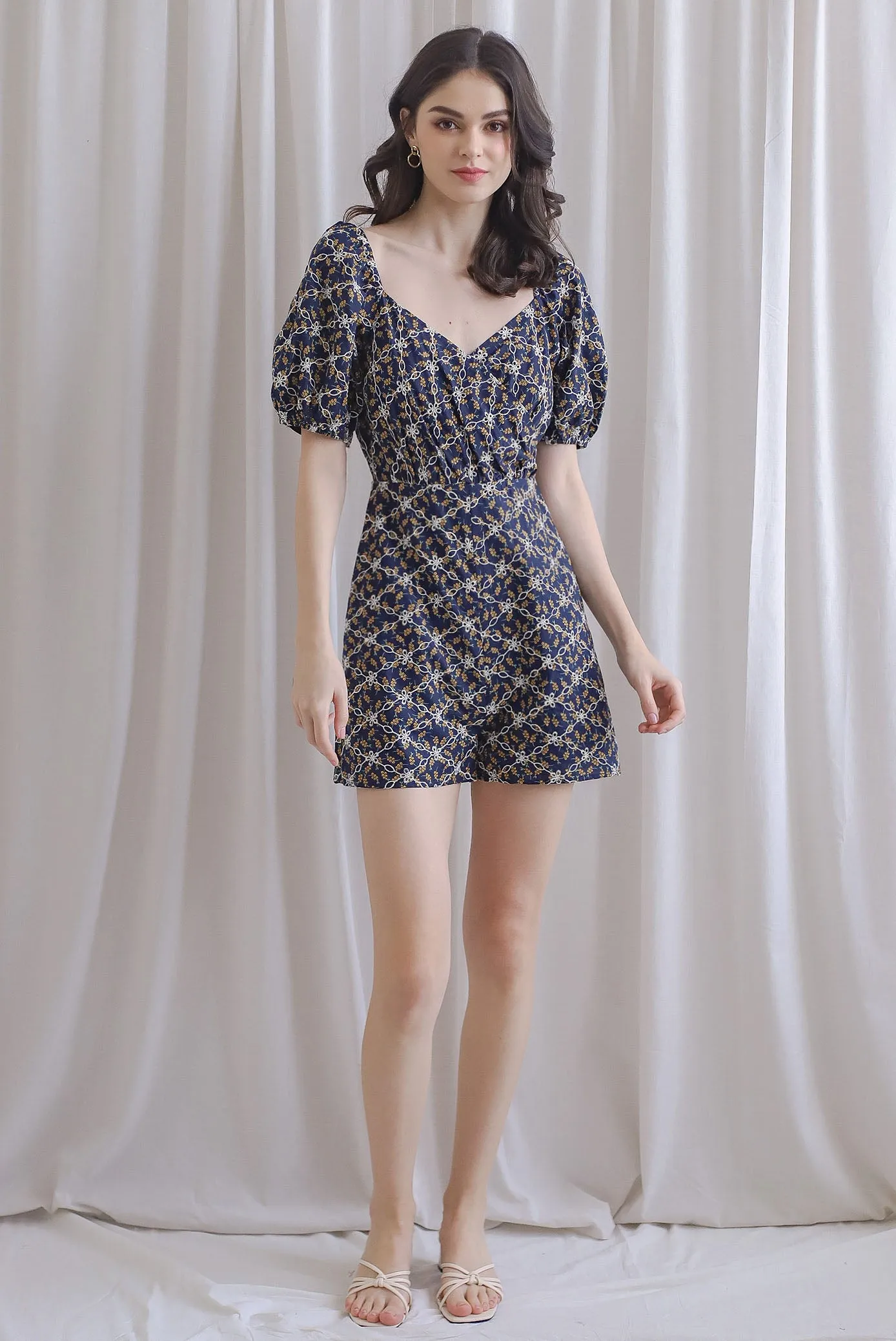 Evernie Floral Embroidery Overlap Romper In Navy/Yellow