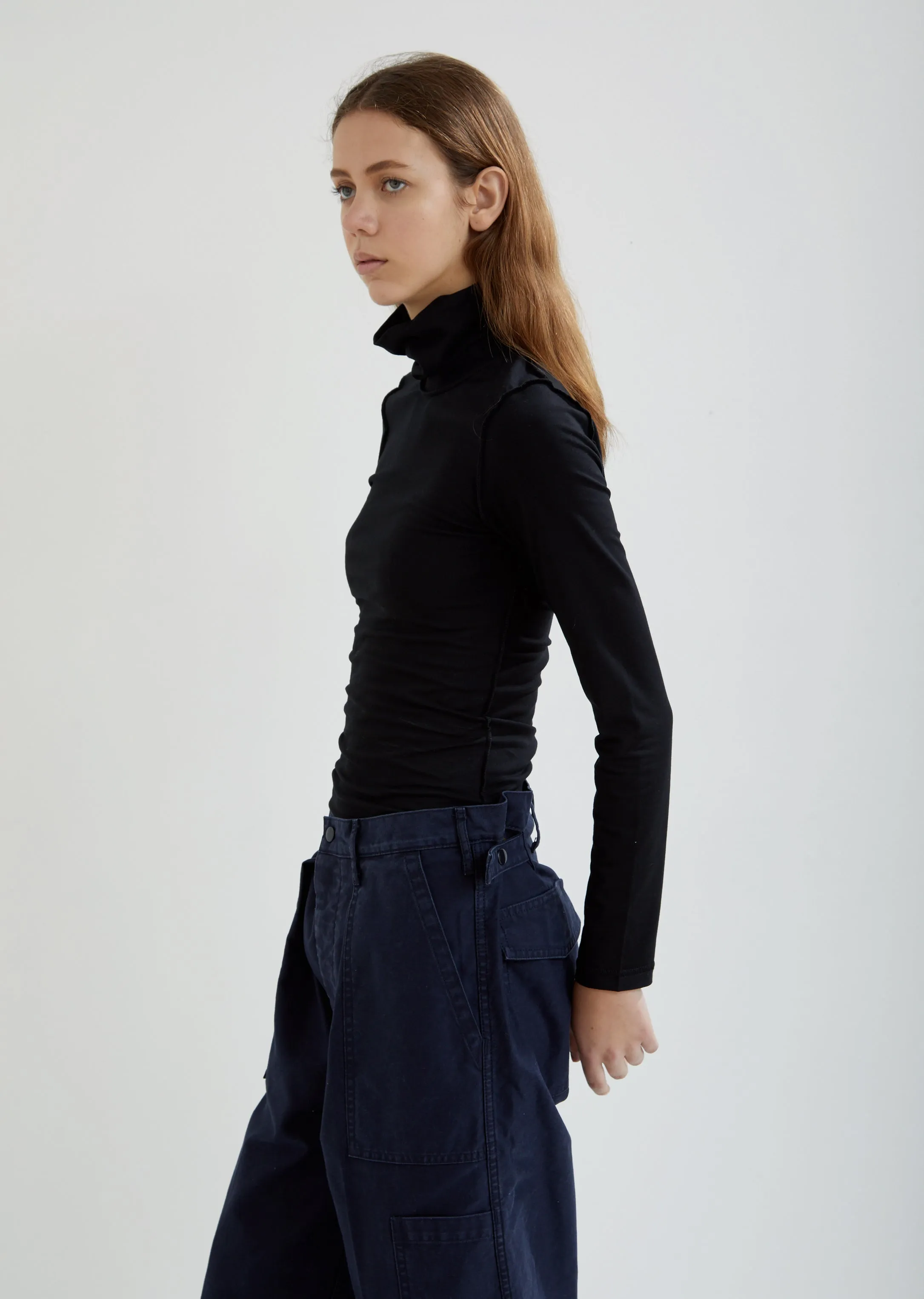 Fitted Inside-Out Long Sleeve Turtleneck Top