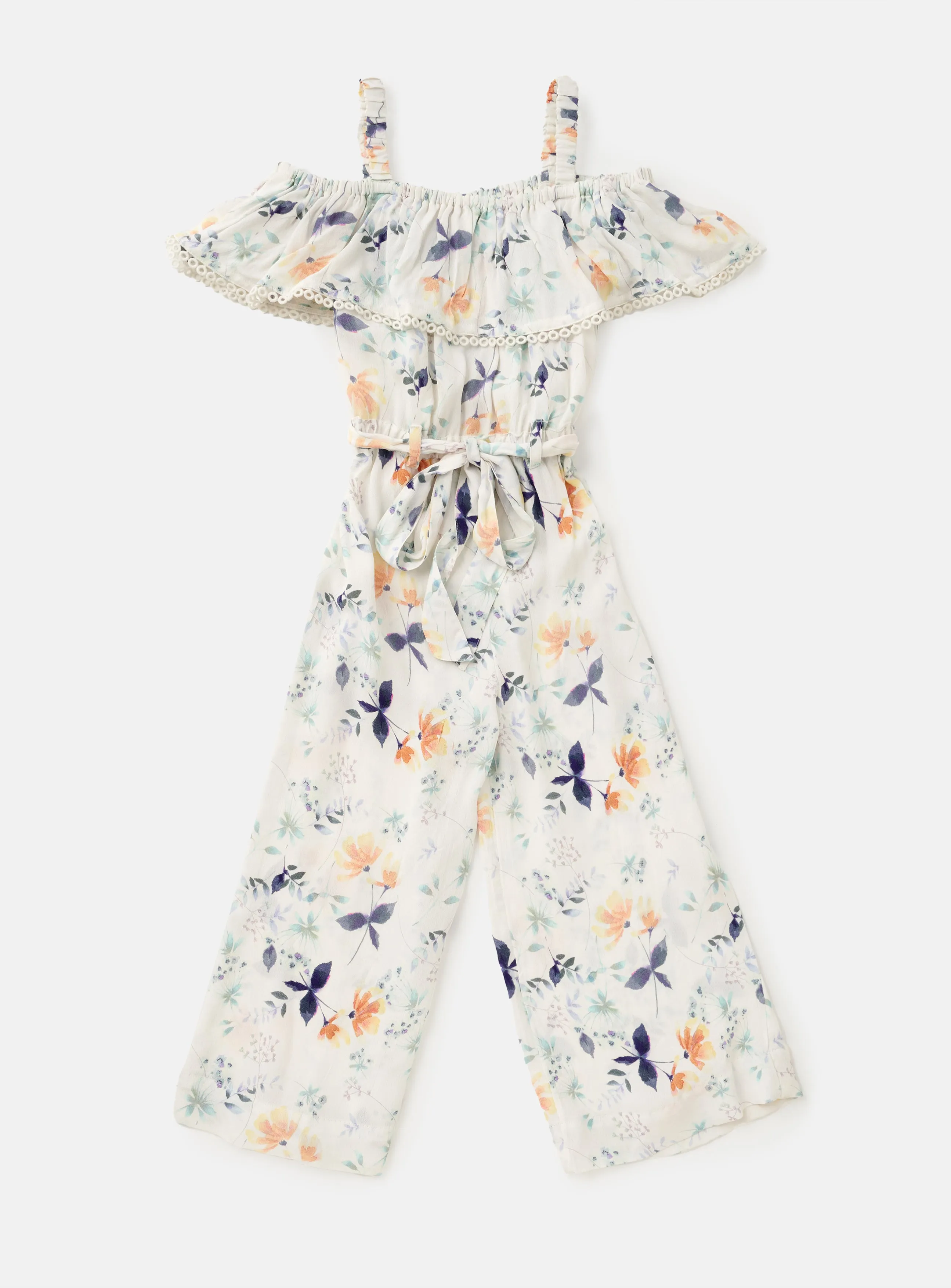 Girls Floral Printed Blue One Shoulder Jumpsuit