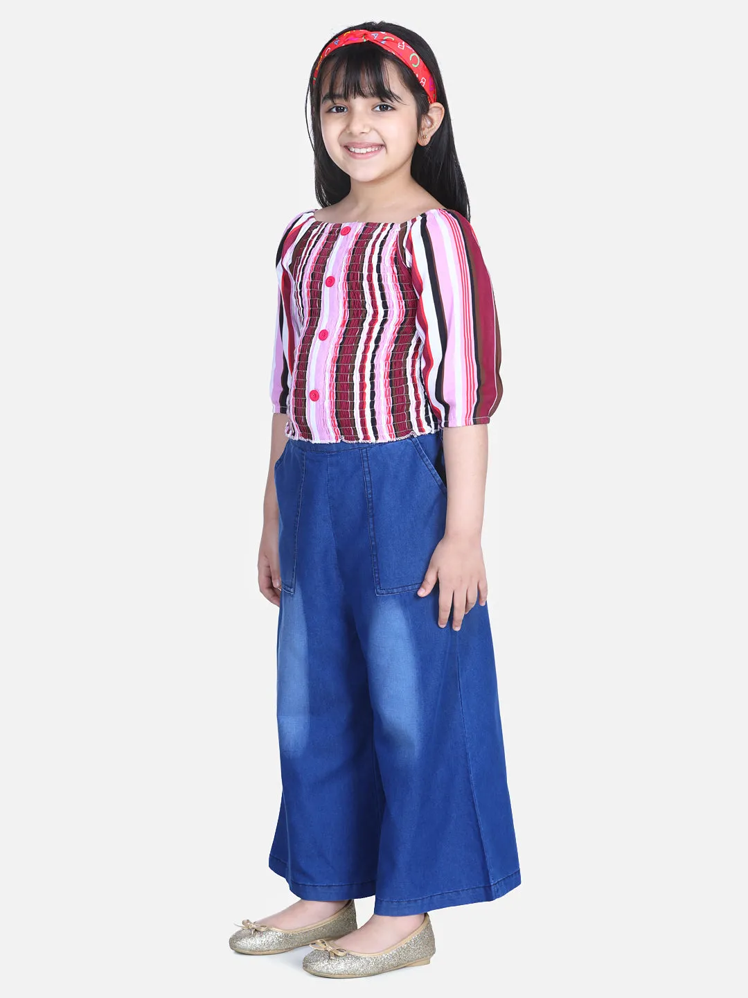 Girl's  Striped Smocked Top With Denim Culottes - StyleStone Kid