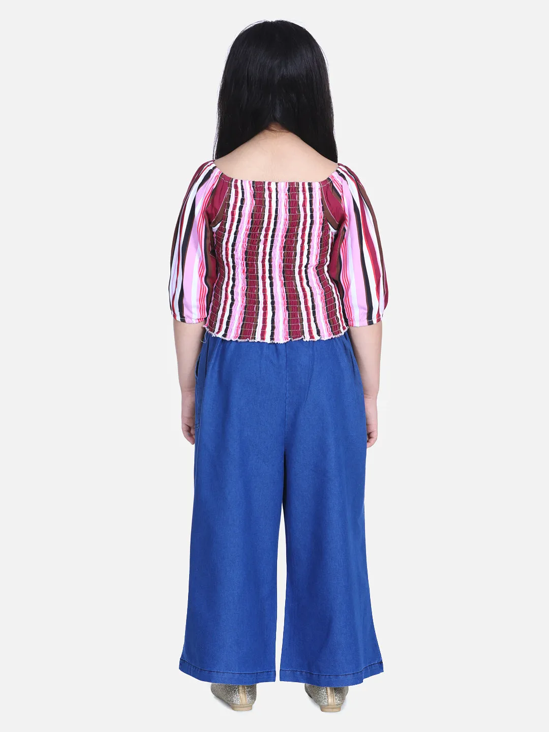 Girl's  Striped Smocked Top With Denim Culottes - StyleStone Kid