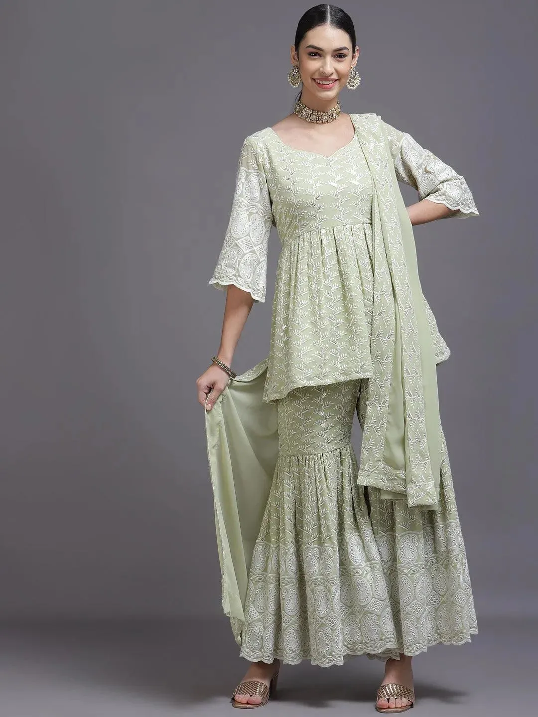 Green Embroidered Georgette Pakistani Style Kurta With Sharara & Dupatta