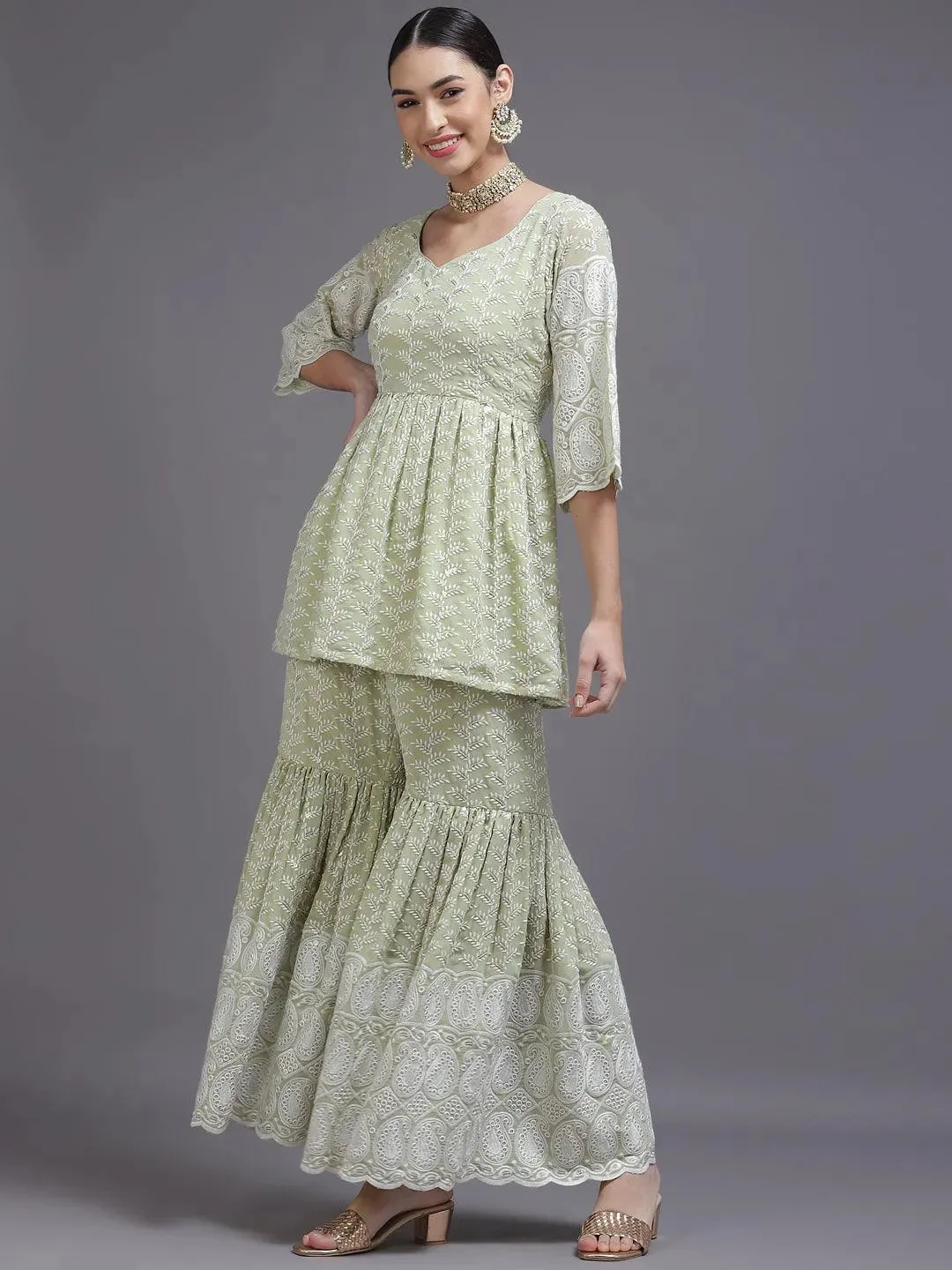 Green Embroidered Georgette Pakistani Style Kurta With Sharara & Dupatta
