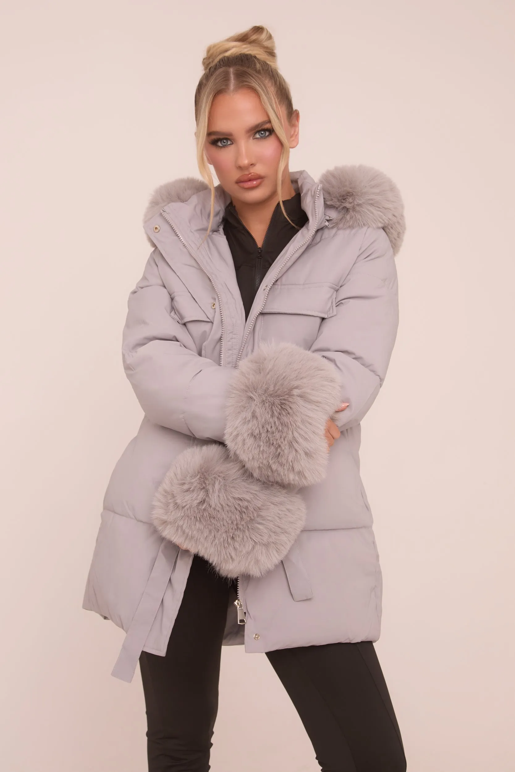 Grey Faux Fur Trim Longline Puffer Jacket -  Candy