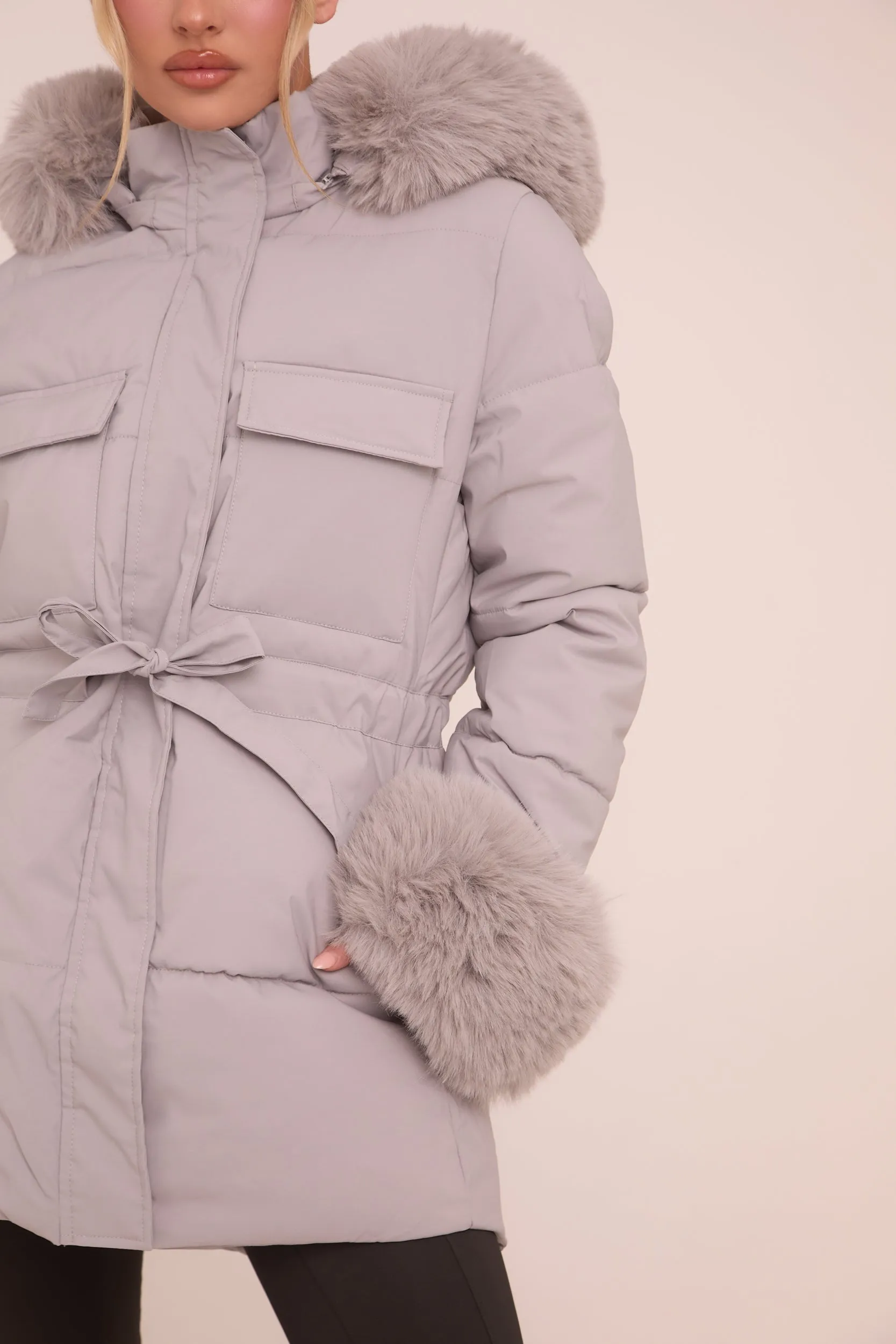 Grey Faux Fur Trim Longline Puffer Jacket -  Candy