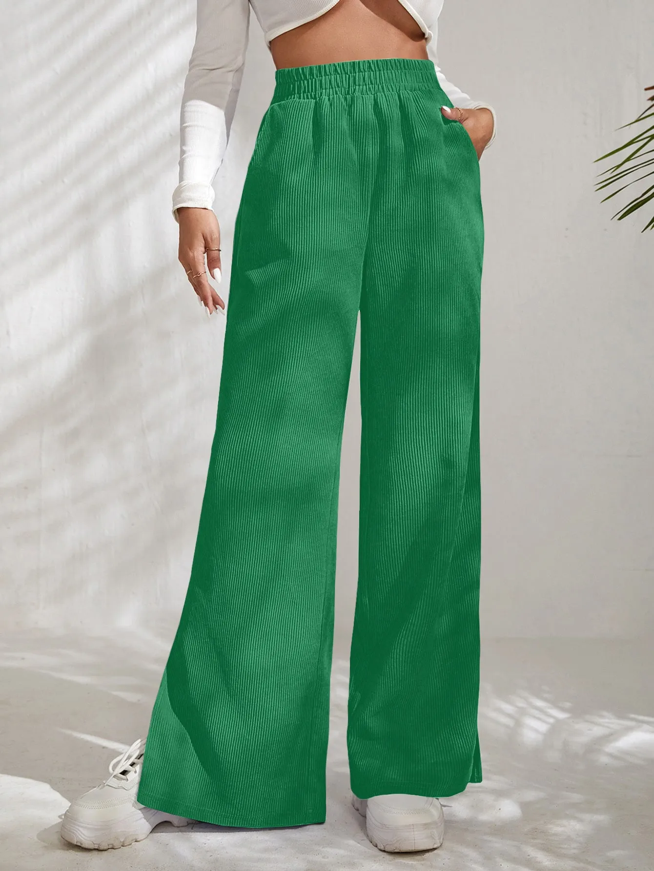 High waist corduroy slit hem trousers