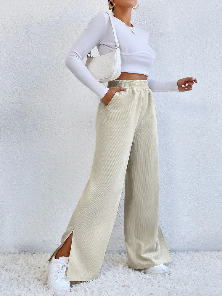 High waist corduroy slit hem trousers