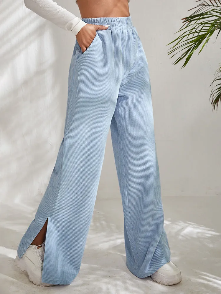 High waist corduroy slit hem trousers