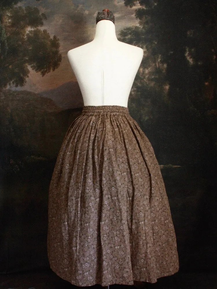 Historically Inspired Printed Floral Cotton Maxi Skirt in Dusty Brown