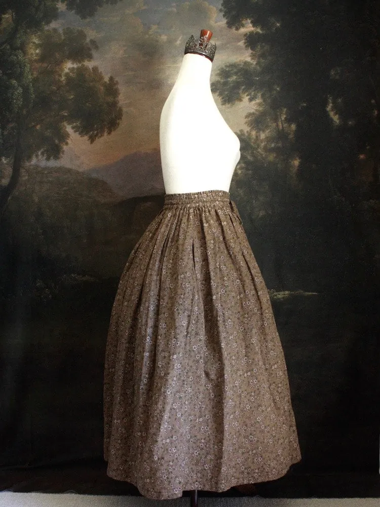 Historically Inspired Printed Floral Cotton Maxi Skirt in Dusty Brown
