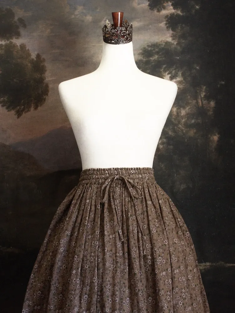 Historically Inspired Printed Floral Cotton Maxi Skirt in Dusty Brown