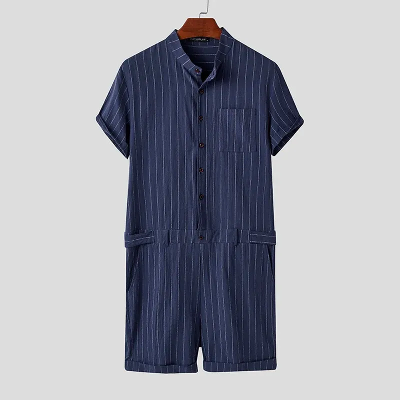 INCERUN Striped Men Rompers Breathable Stand Collar Short Sleeve Joggers Playsuits Streetwear Fashion Men Jumpsuits Shorts S-5XL