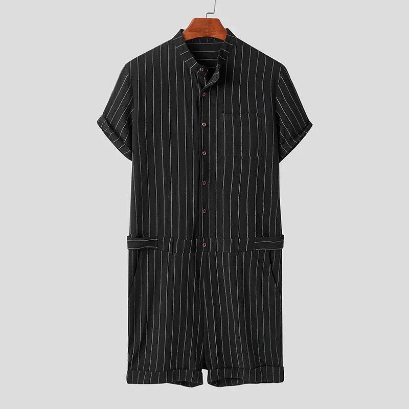 INCERUN Striped Men Rompers Breathable Stand Collar Short Sleeve Joggers Playsuits Streetwear Fashion Men Jumpsuits Shorts S-5XL