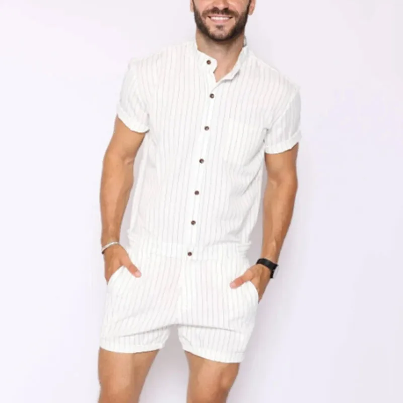 INCERUN Striped Men Rompers Breathable Stand Collar Short Sleeve Joggers Playsuits Streetwear Fashion Men Jumpsuits Shorts S-5XL