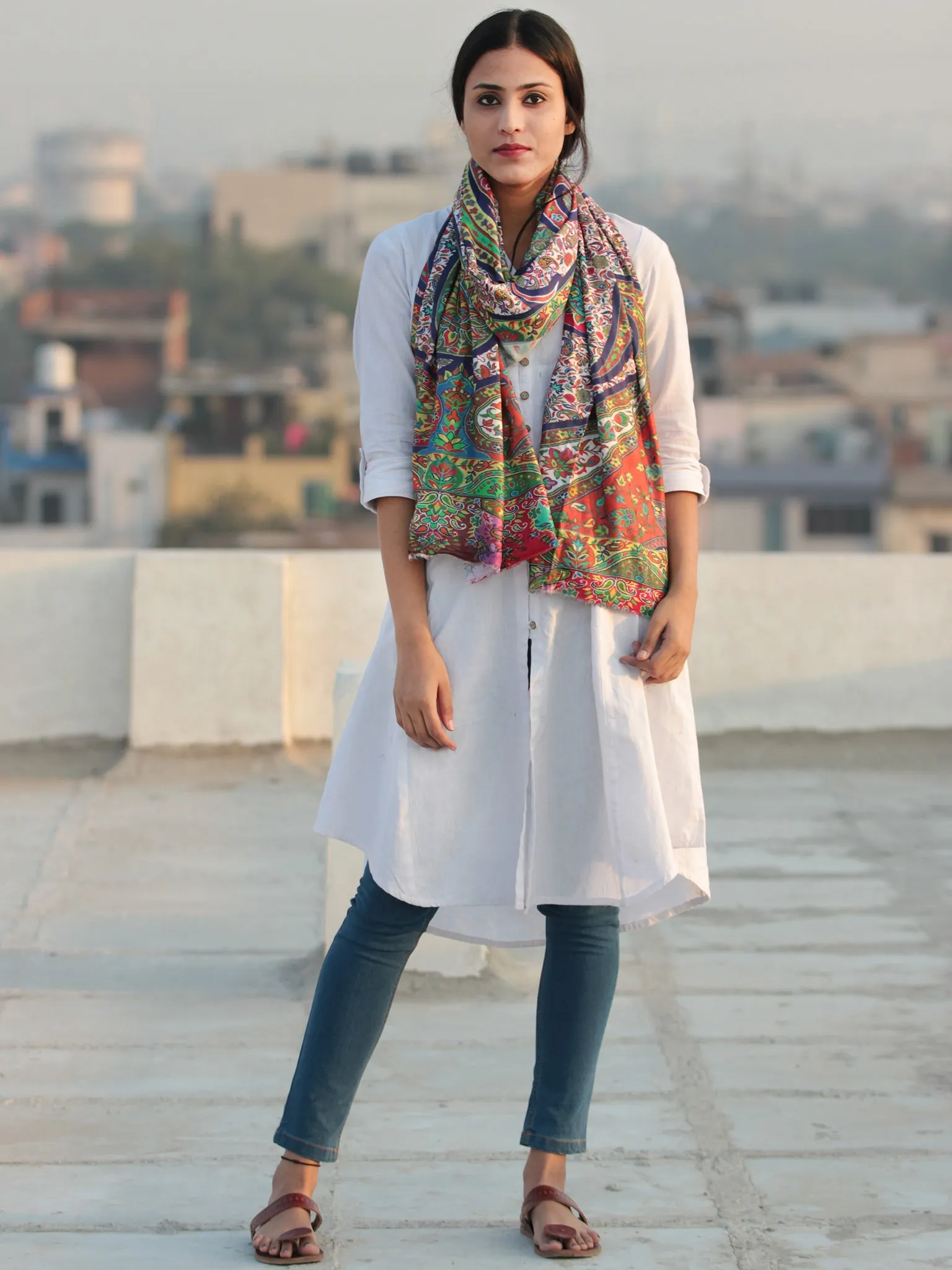 Ivory MultiColor Digital Print Modal Silk Woollen Kashmiri Shawl - S200525