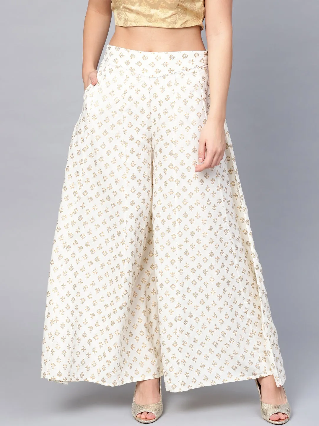 Jashvi White Ethnic Motif Printed Rayon Flared Women Palazzo With One Pocket