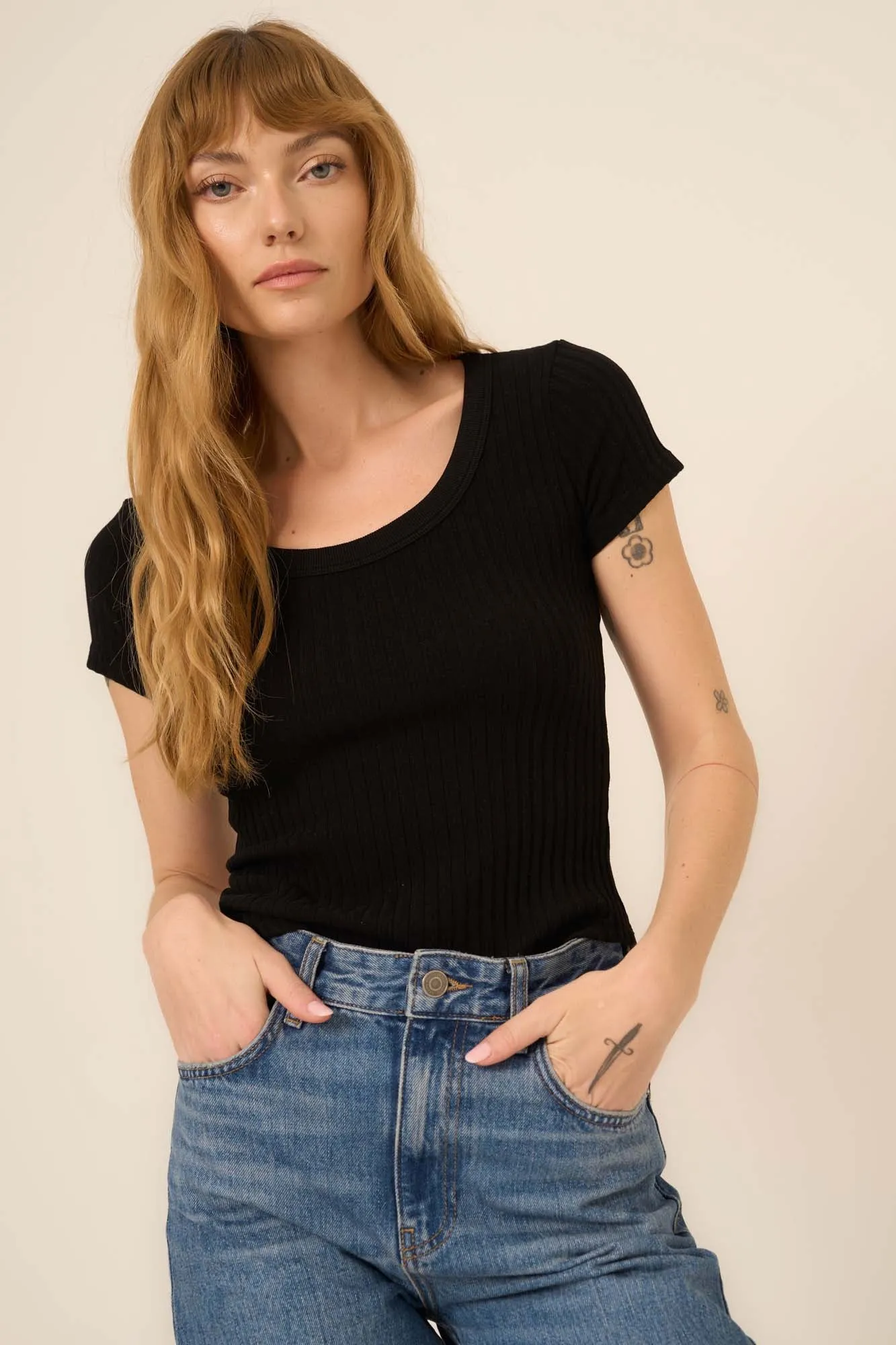 Julie Scoop Neck Sweater Rib Tee - Black
