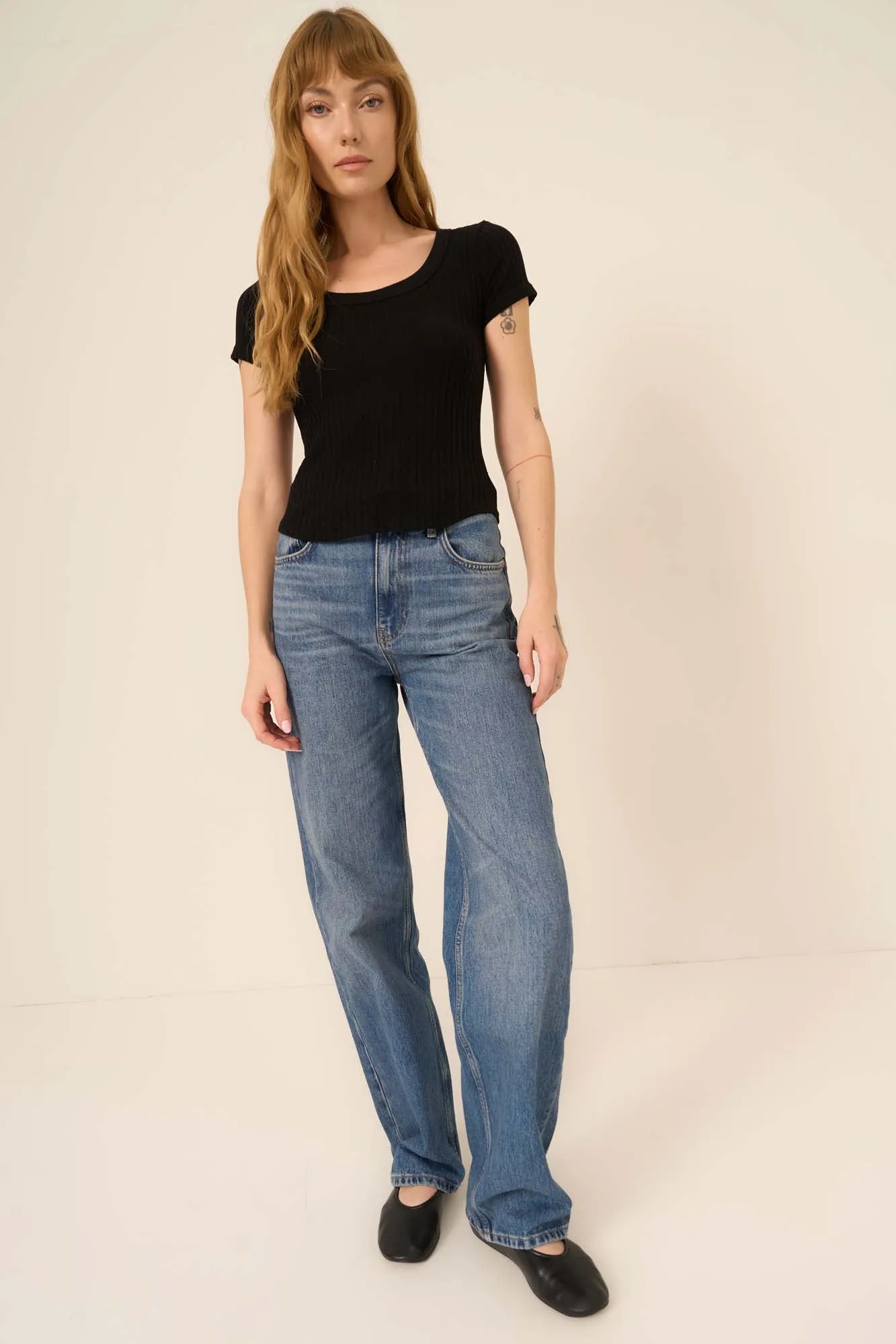 Julie Scoop Neck Sweater Rib Tee - Black