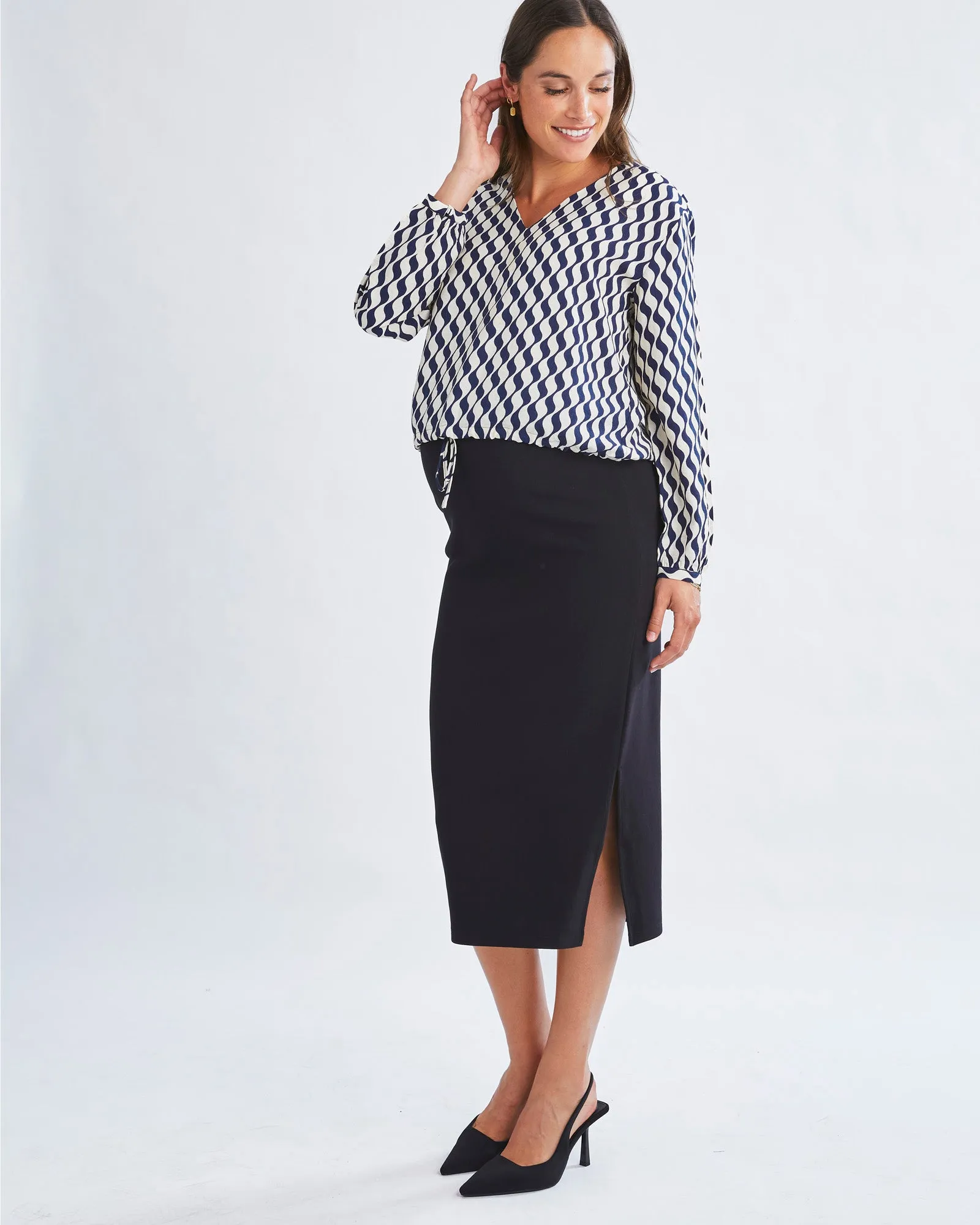 Marina Geometric Wave-Print V-Neck Long-Sleeve Blouse
