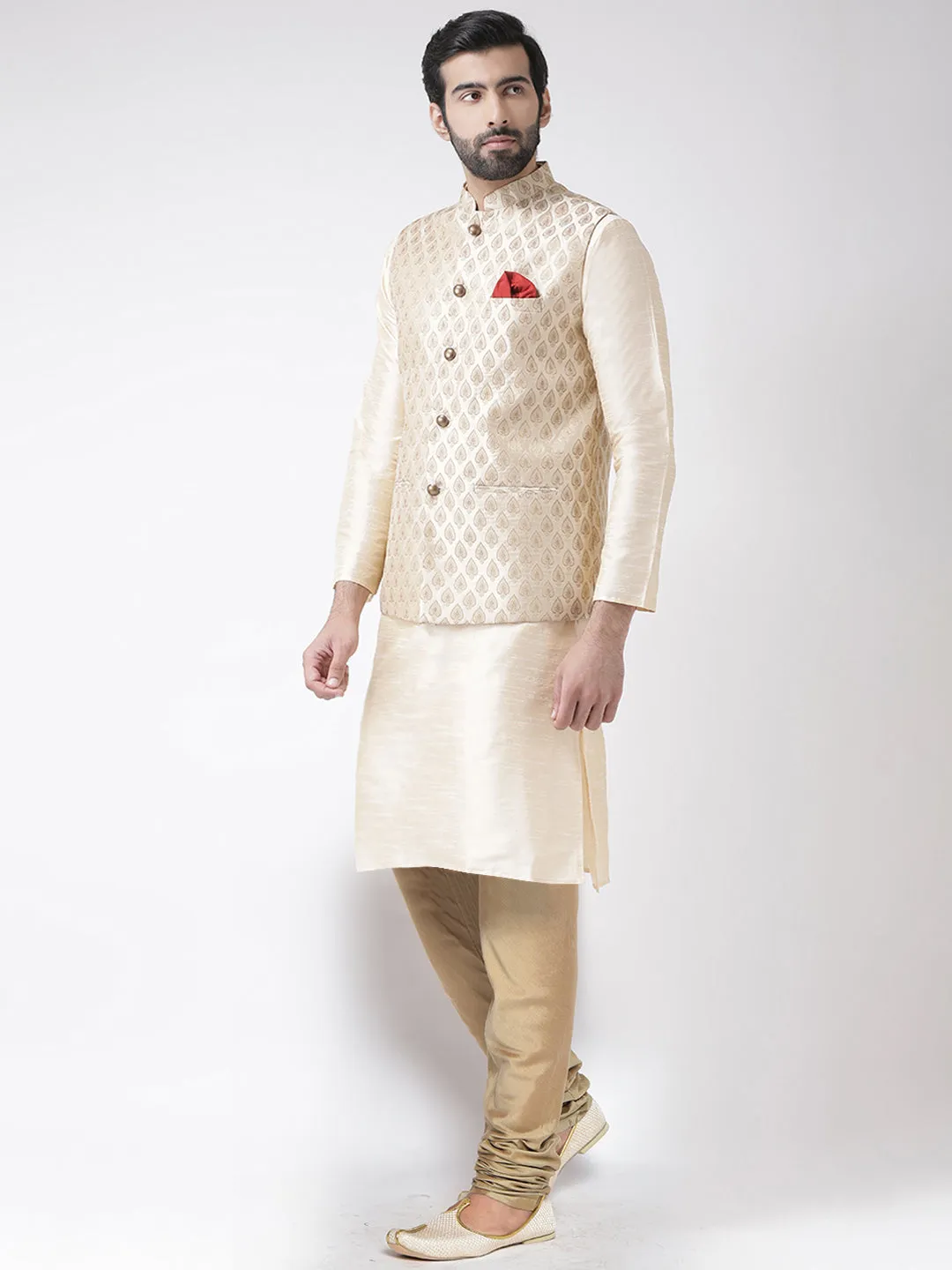 Men Cream Kurta Jacket Churidar Set