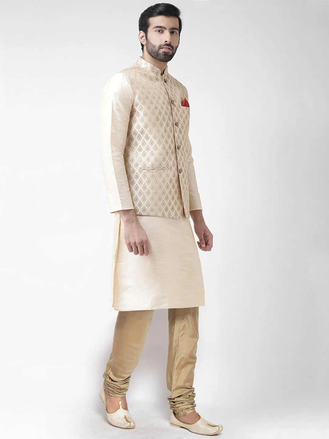 Men Cream Kurta Jacket Churidar Set