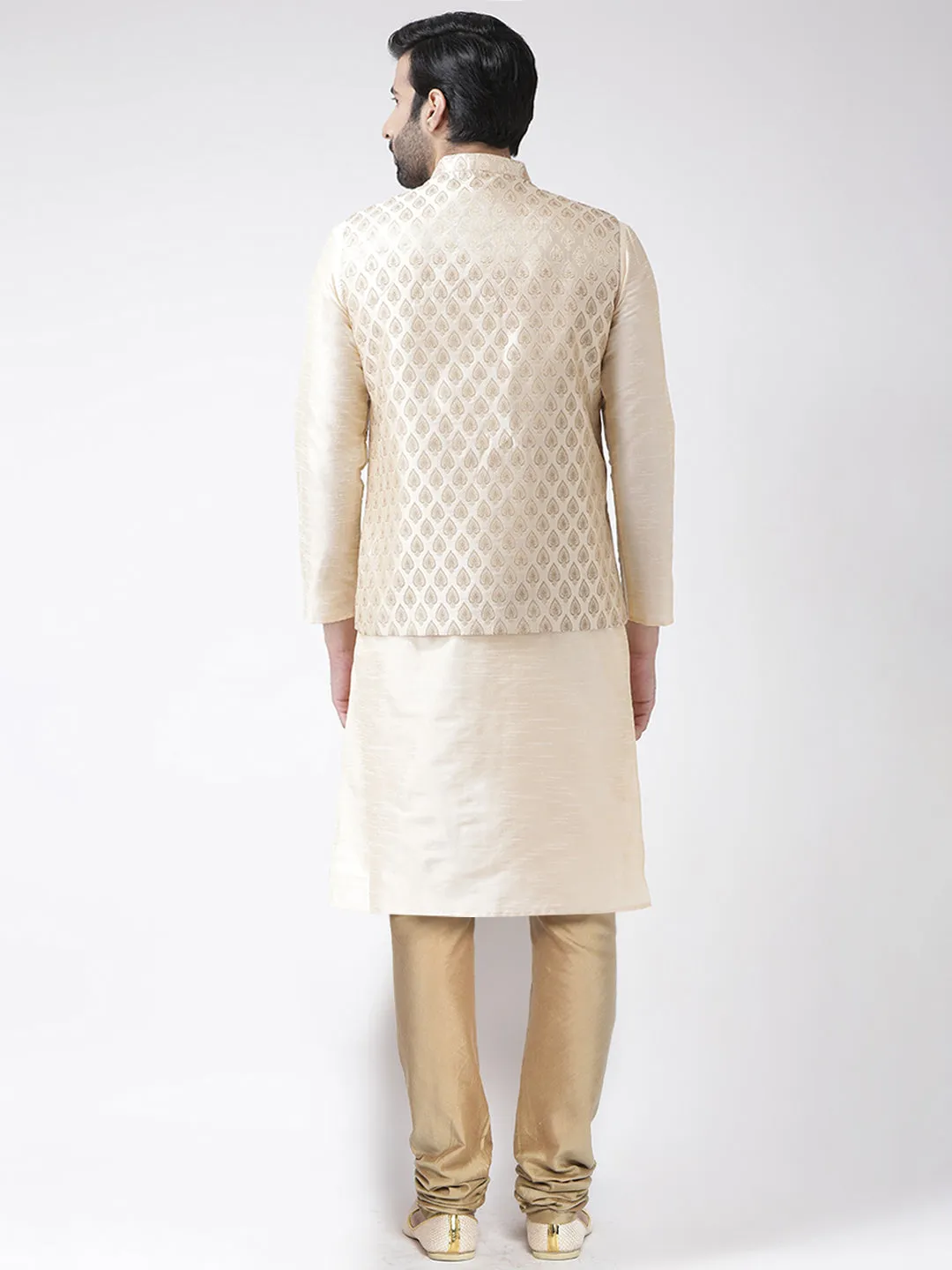 Men Cream Kurta Jacket Churidar Set