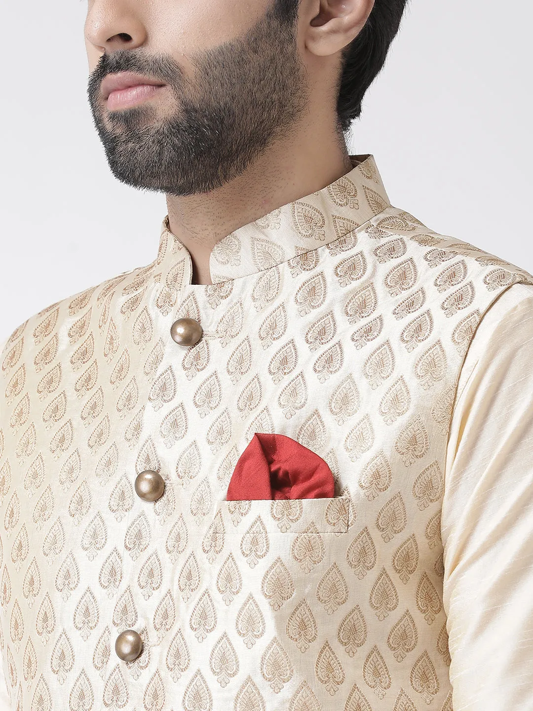 Men Cream Kurta Jacket Churidar Set