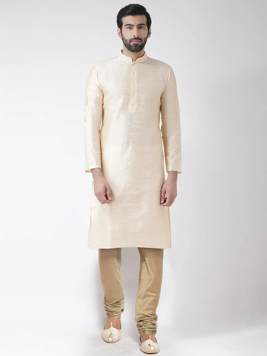 Men Cream Kurta Jacket Churidar Set