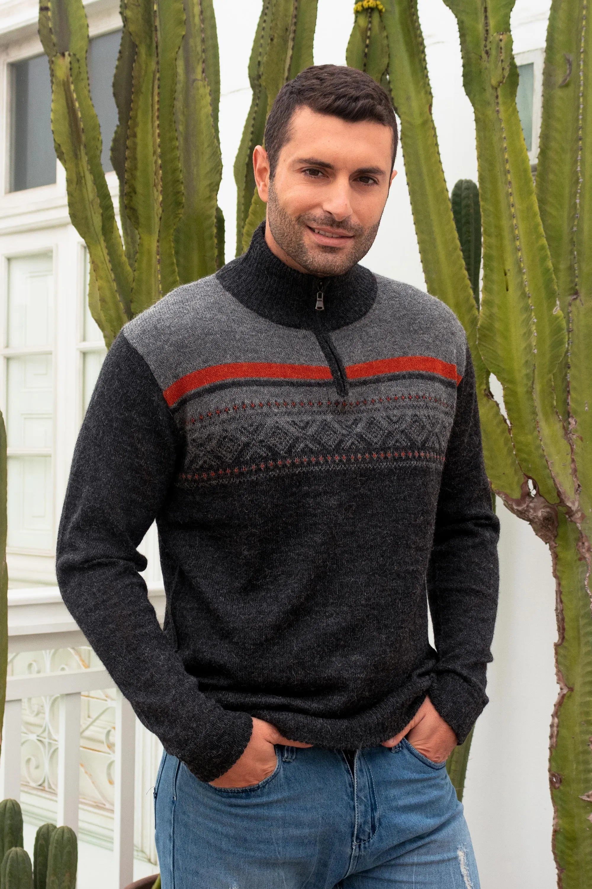 Men's Grey 100% Alpaca Pullover from Peru - Winter Traveler | NOVICA