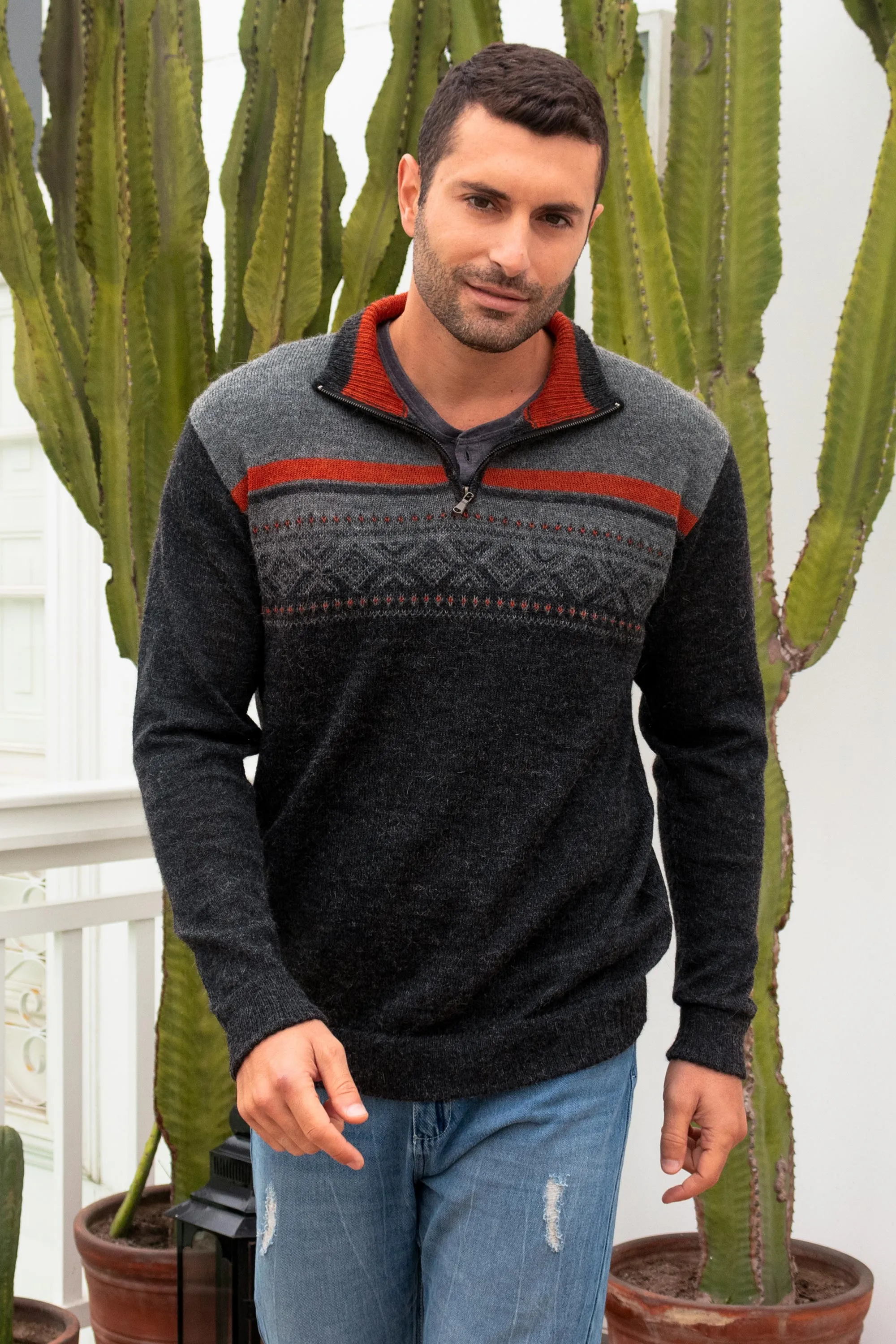 Men's Grey 100% Alpaca Pullover from Peru - Winter Traveler | NOVICA