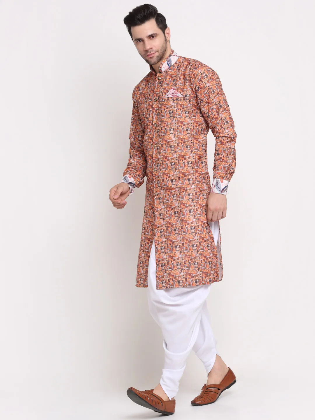 Men's Orange & Multi Printed Kurta With White Dhoti Pant - Benstoke