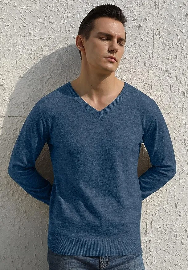 Men's V-Neck Casual Sweater Structured Knit Pullover - Blue