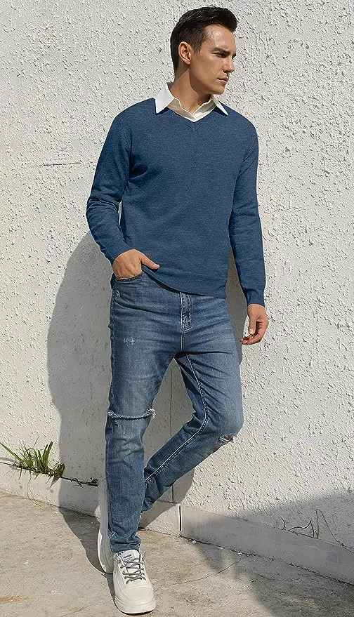 Men's V-Neck Casual Sweater Structured Knit Pullover - Blue