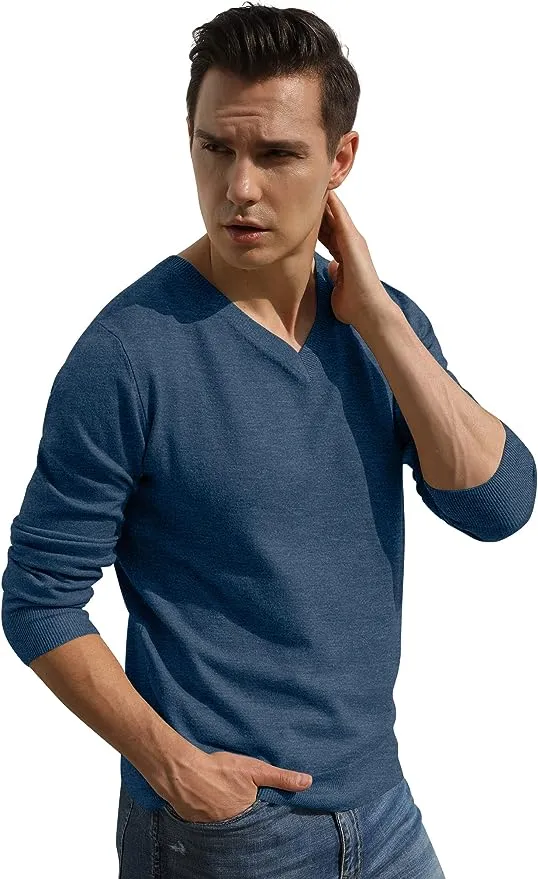 Men's V-Neck Casual Sweater Structured Knit Pullover - Blue