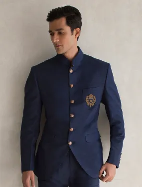 NAVY BLUE RAWSILK MONOGRAM PRINCE COAT